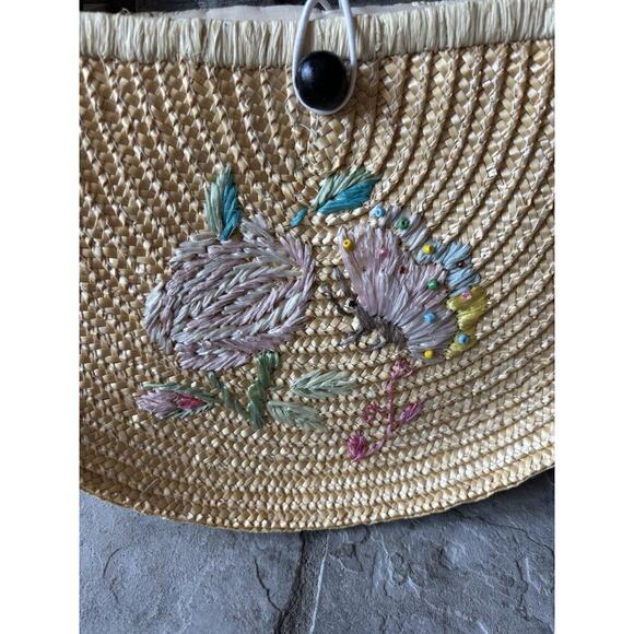 Boho Half Moon Bag Straw Embroidered Floral Prairie Feminine Wooden Handle - Picture 2 of 10